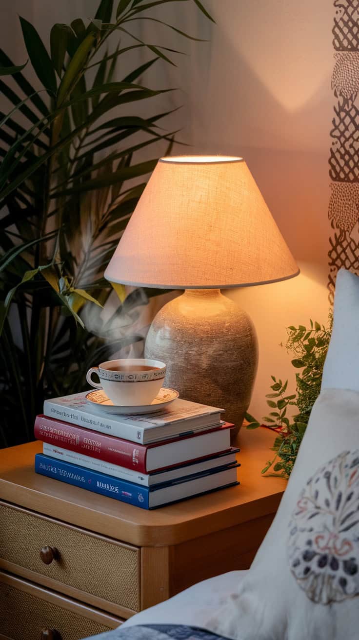 A cozy bedside table with stacks of books and a cup of steaming tea, surrounded by plants.