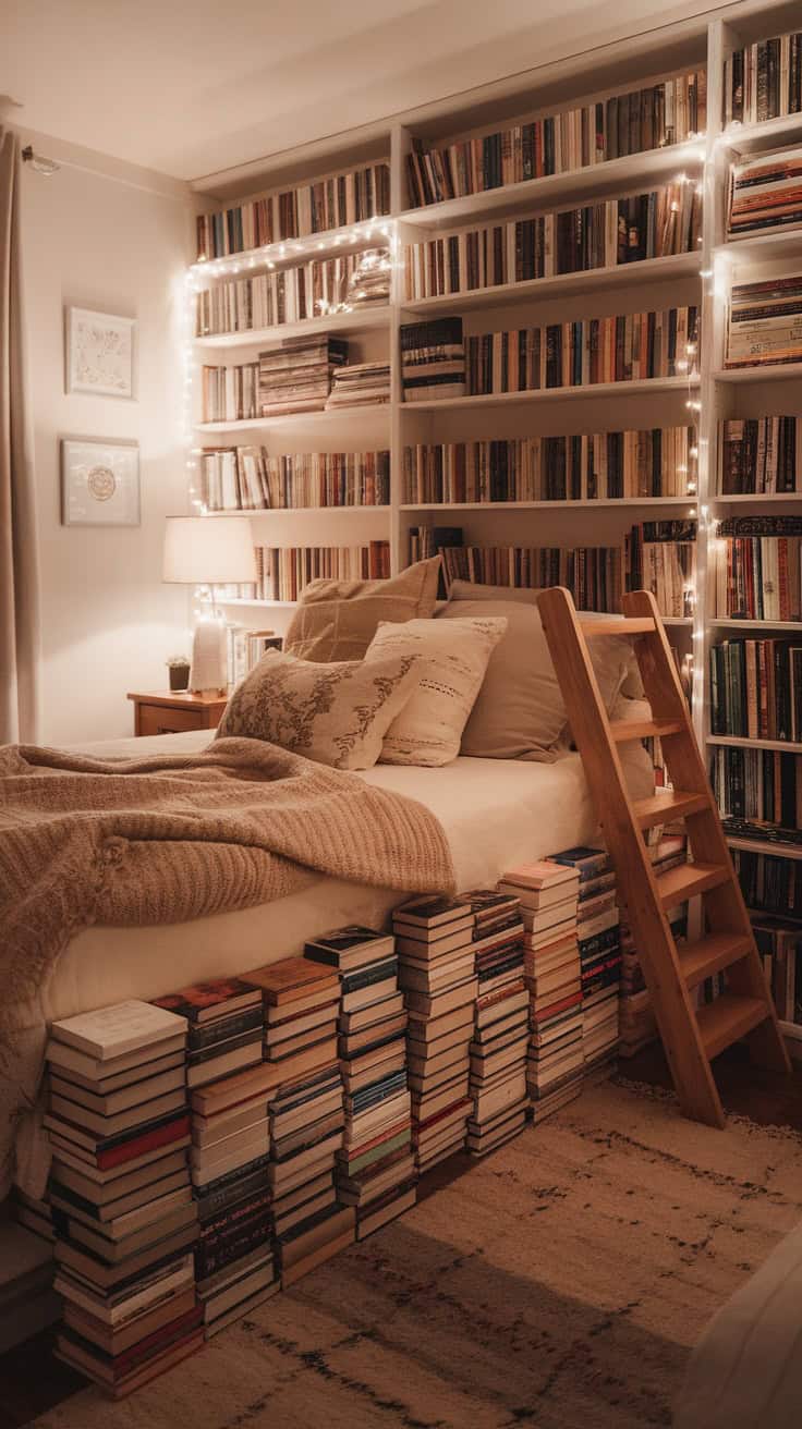 A cozy bedroom featuring a bed frame made of stacked books and shelves filled with books, creating a warm atmosphere.