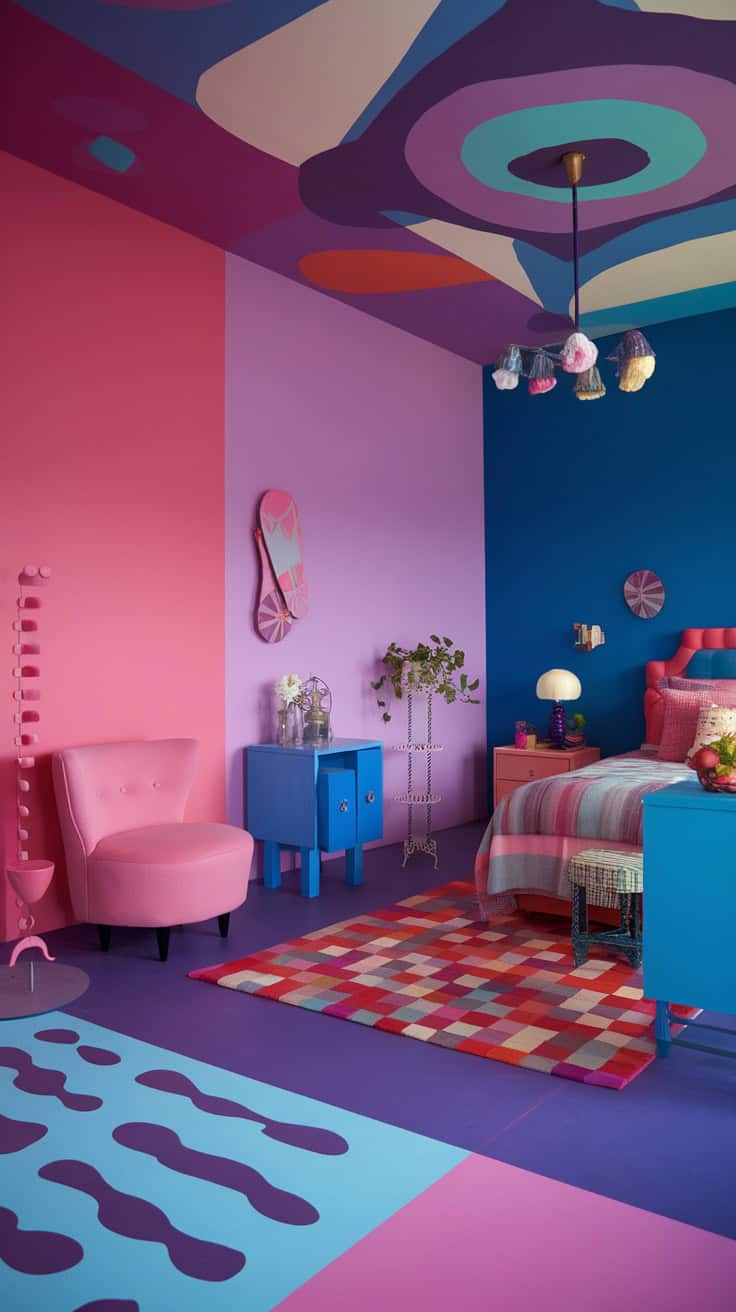 Bright and colorful teen bedroom with pink and blue walls, playful decor, and a cozy chair.