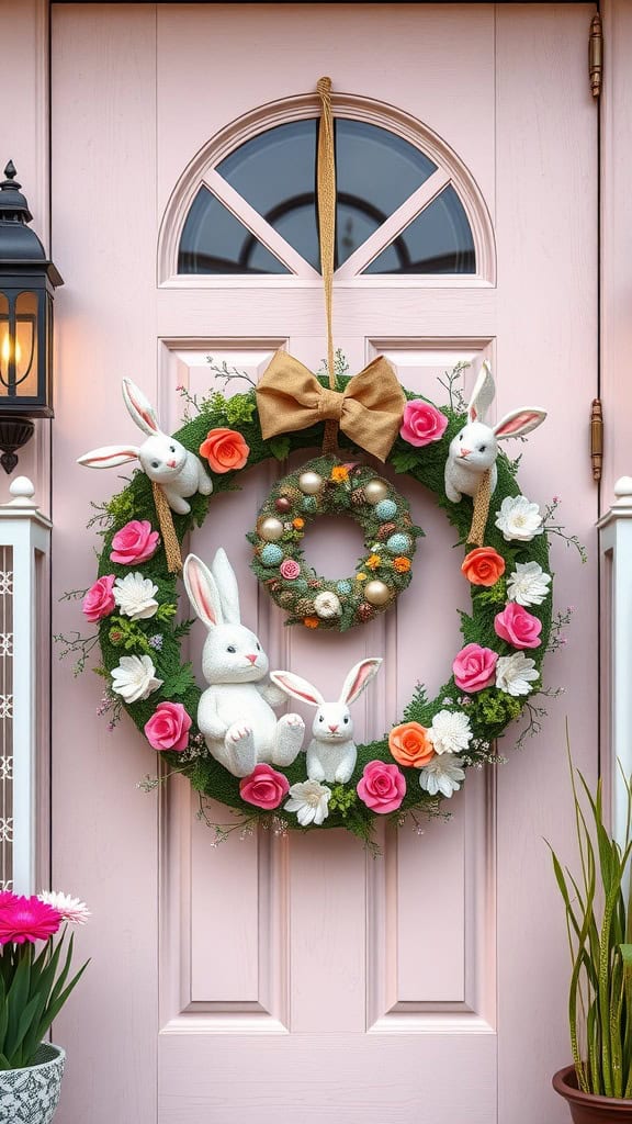 A bunny-themed spring wreath with pink flowers and decorative bunnies, hanging on a pastel pink door.