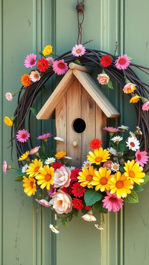 A birdhouse surrounded by vibrant flowers in a decorative wreath on a front door.