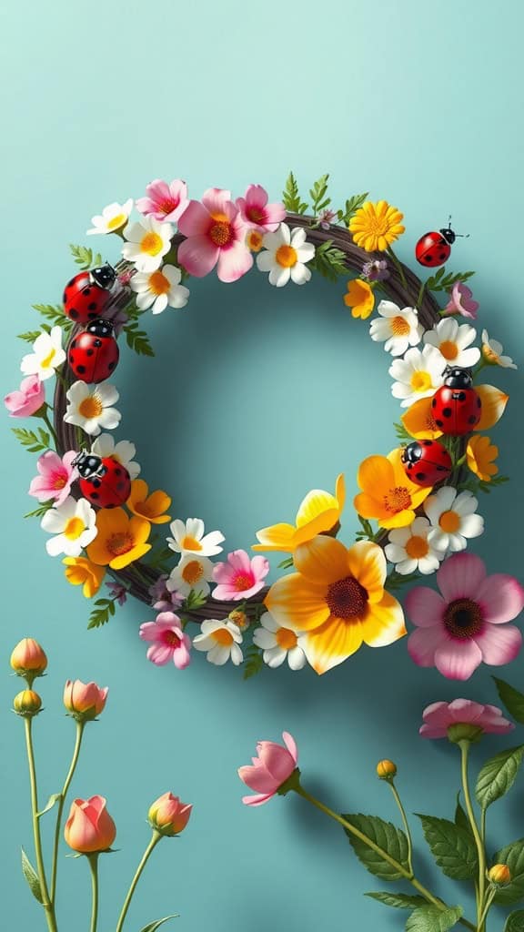 A charming spring wreath featuring colorful flowers and ladybug decorations.