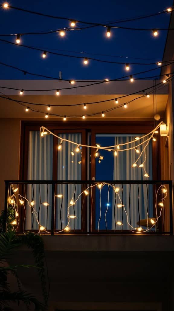 A balcony decorated with string lights in various shapes, creating a cozy ambiance.