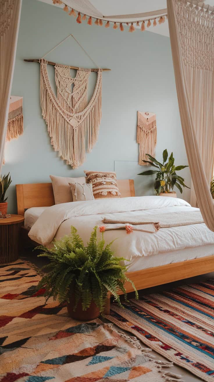 A cozy boho-style bedroom with macrame wall hangings, plants, and a colorful rug.