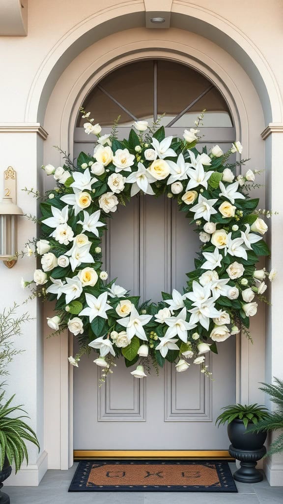Chic white and green floral wreath on a front door.
