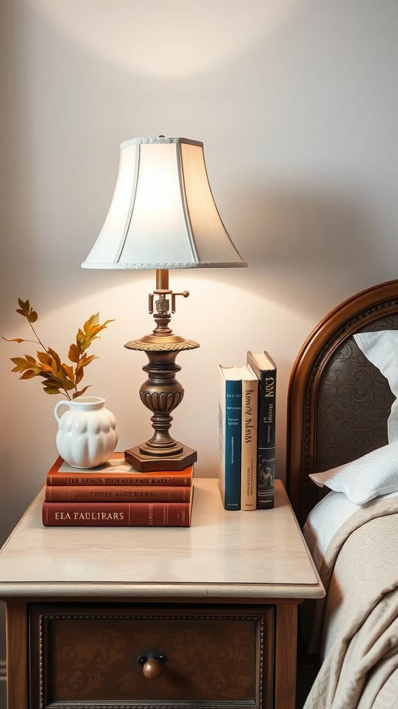 A bedside table featuring a vintage lamp, stacked books, and a decorative vase.