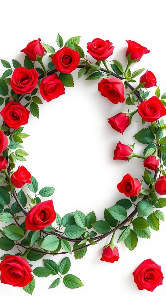 A circular wreath adorned with red roses and green leaves.