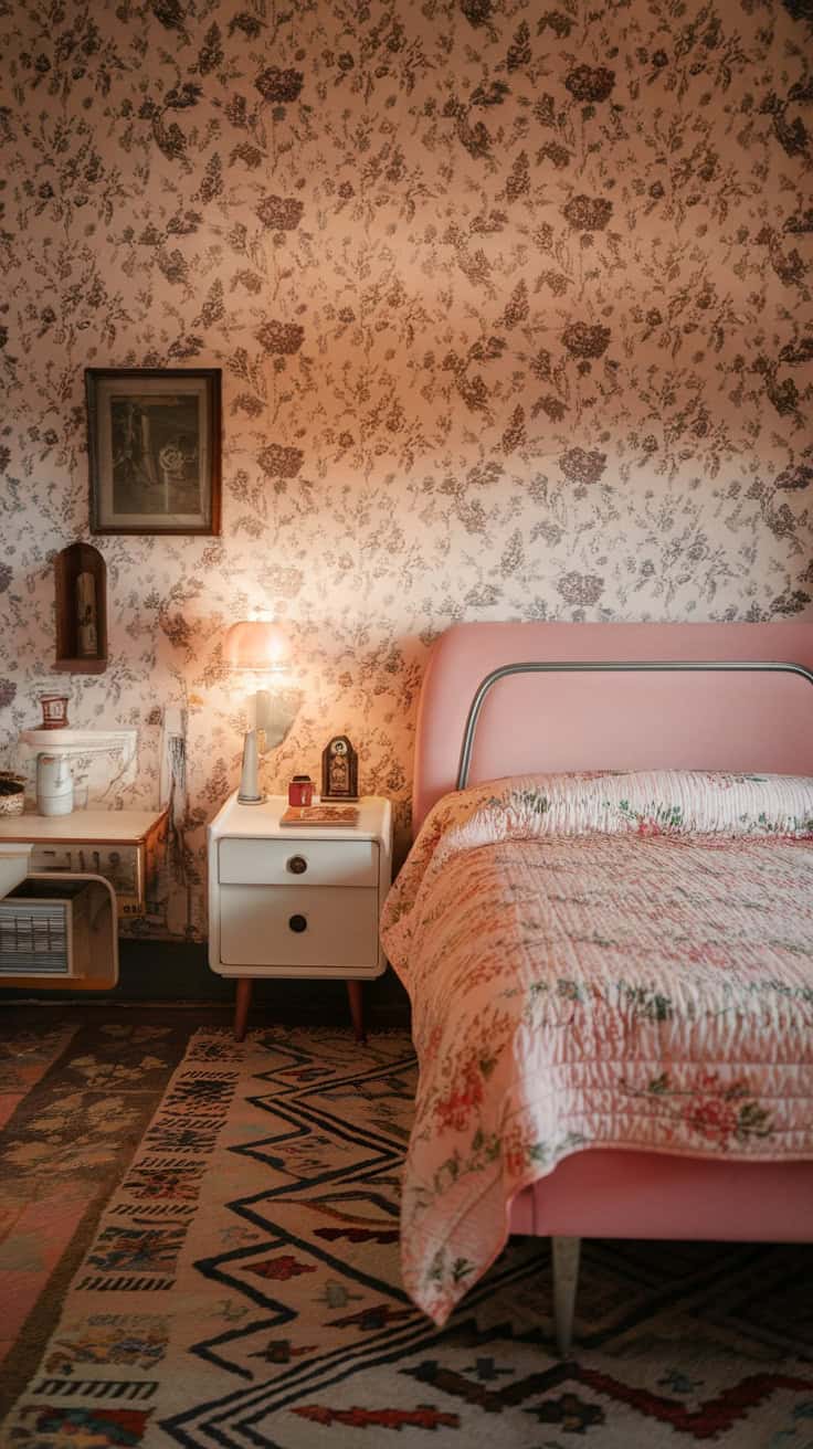 A cozy vintage-inspired bedroom featuring a pink bed, floral wallpaper, and charming decor.