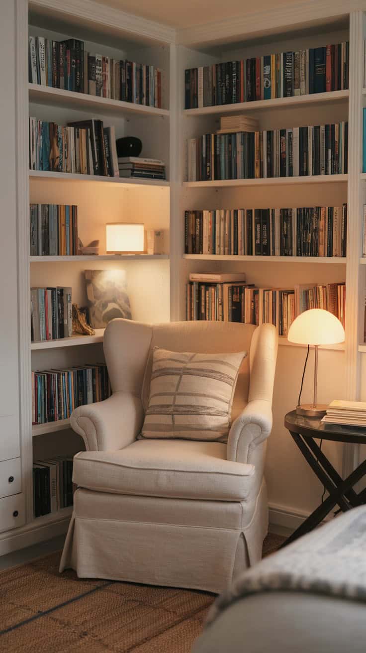 A cozy reading nook featuring a comfortable chair and bookshelves filled with books.