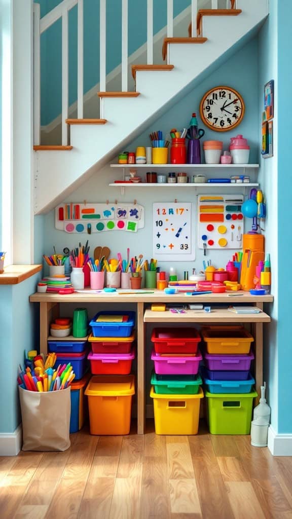 Colorful craft corner under the stairs with organized art supplies and storage bins.