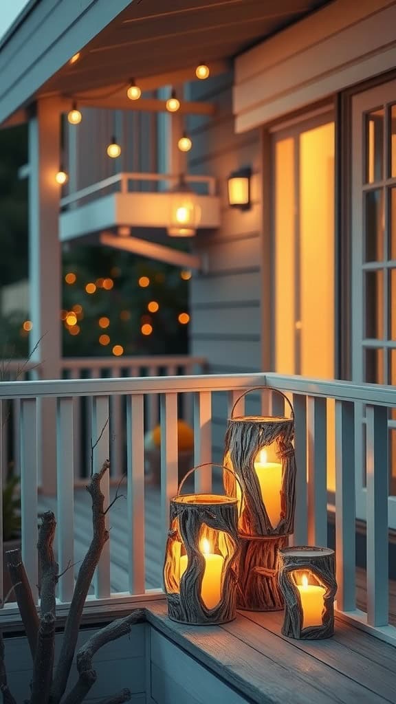 Crafted driftwood lanterns on a balcony surrounded by string lights