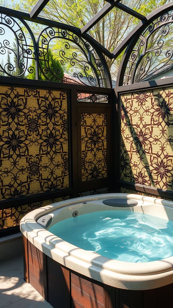 A hot tub surrounded by decorative privacy screens with intricate designs.