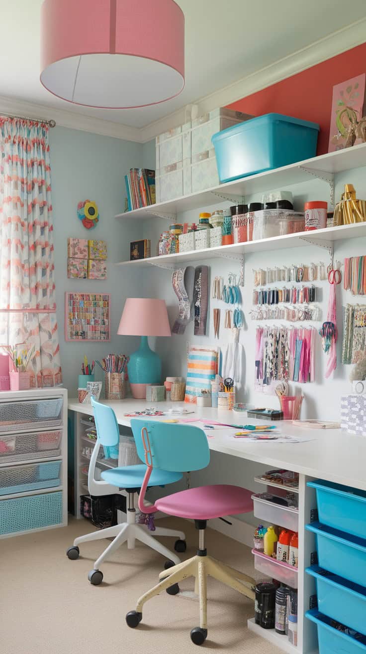 A vibrant teen craft room featuring colorful storage, a spacious desk, and creative supplies.