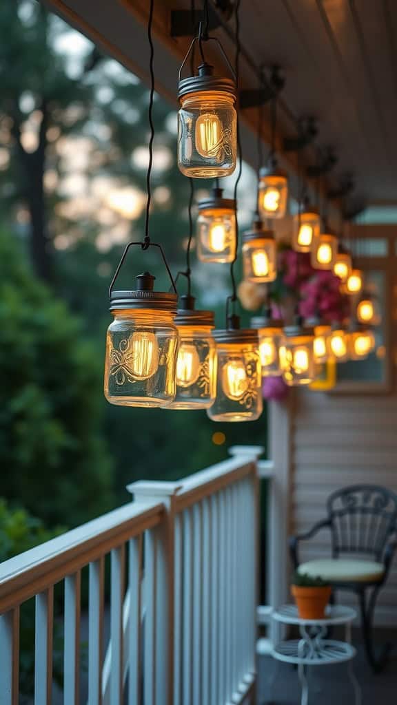 Hanging mason jar lanterns glowing warmly on a balcony.