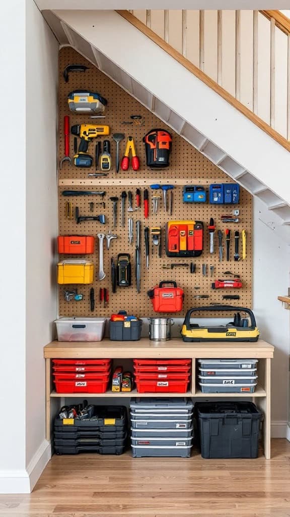 Under-stair storage with tools organized on a pegboard and colorful bins.