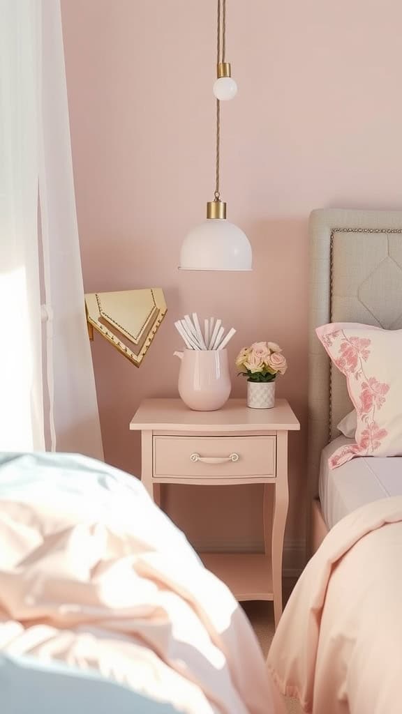 A pastel-themed bedside table with a lamp, flowers, and decorative items.
