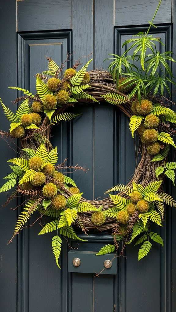 A wreath made of moss and ferns hanging on a blue door.