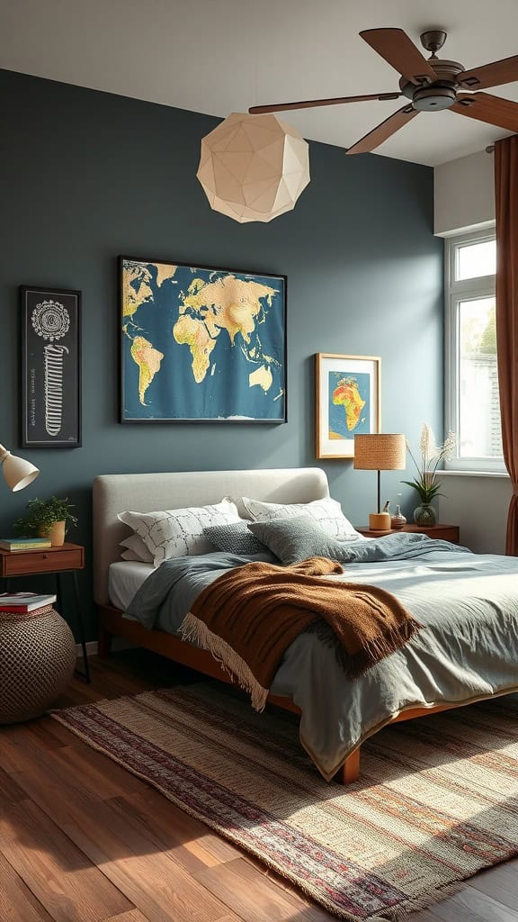 A modern luxury bedroom with global decor influences, featuring a world map, cozy textiles, and a warm color palette.