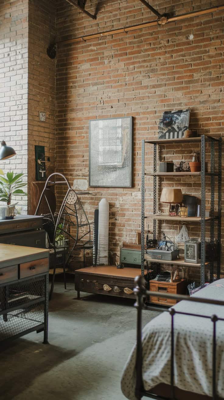A stylish industrial bedroom featuring exposed brick walls, metal furniture, and rustic décor.