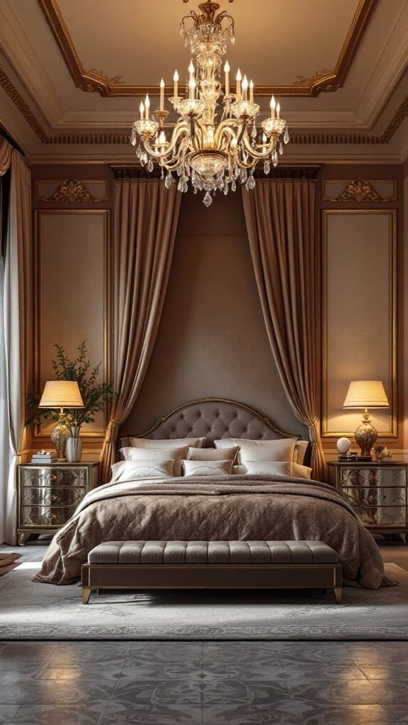 Elegant bedroom with plush bedding, soft curtains, and a crystal chandelier.