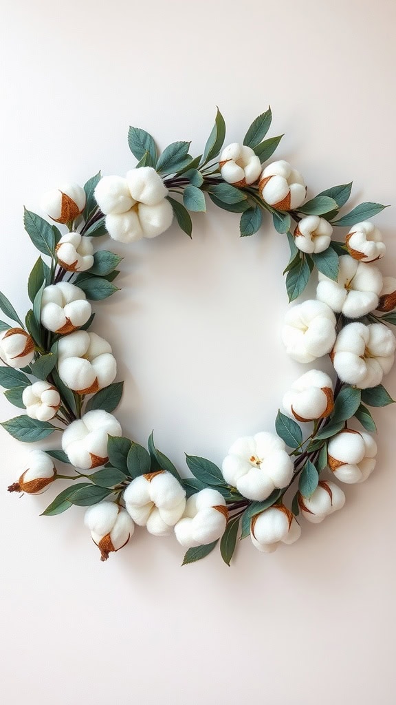 A wreath made of eucalyptus leaves and cotton blooms, displaying a fresh spring look.