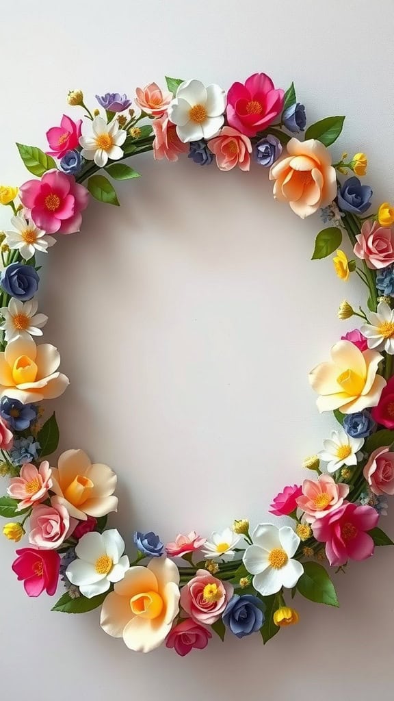 A colorful faux flower wreath with a variety of blooms and green leaves.