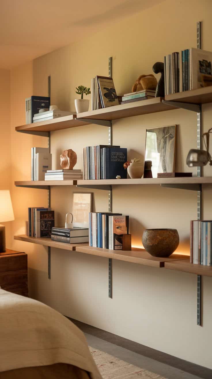A cozy bedroom with floating book shelves displaying books and decorative items.