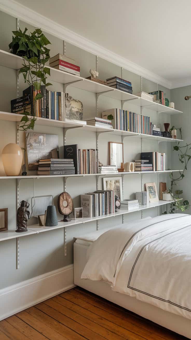 A cozy bedroom featuring floating shelves above the bed, displaying books and decor.