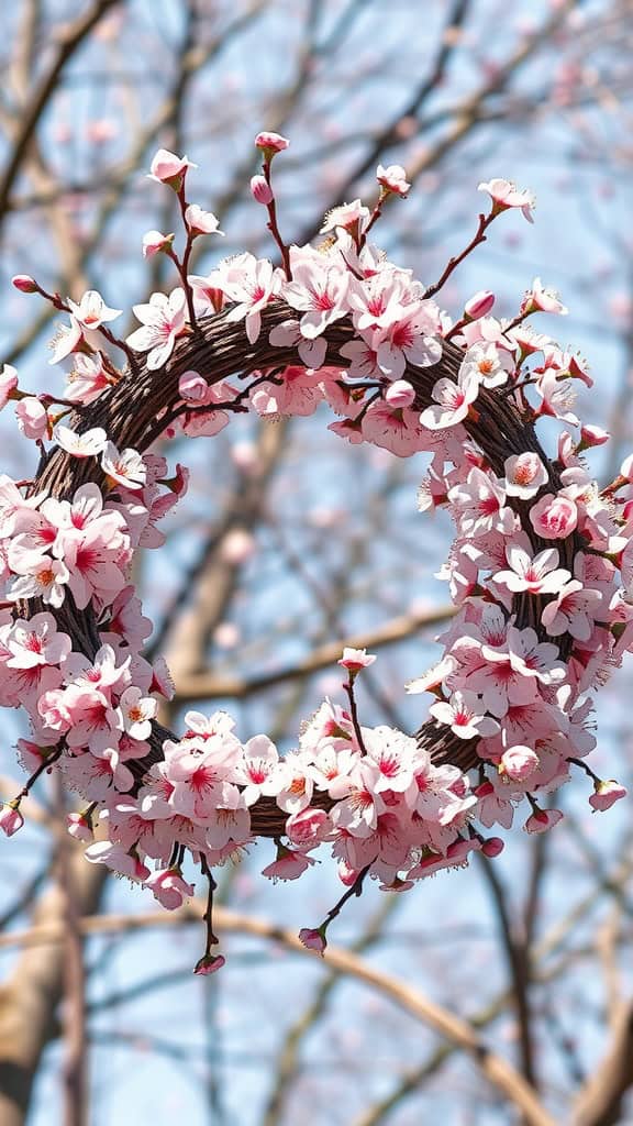 A floral wreath made of pink cherry blossoms on a tree branch