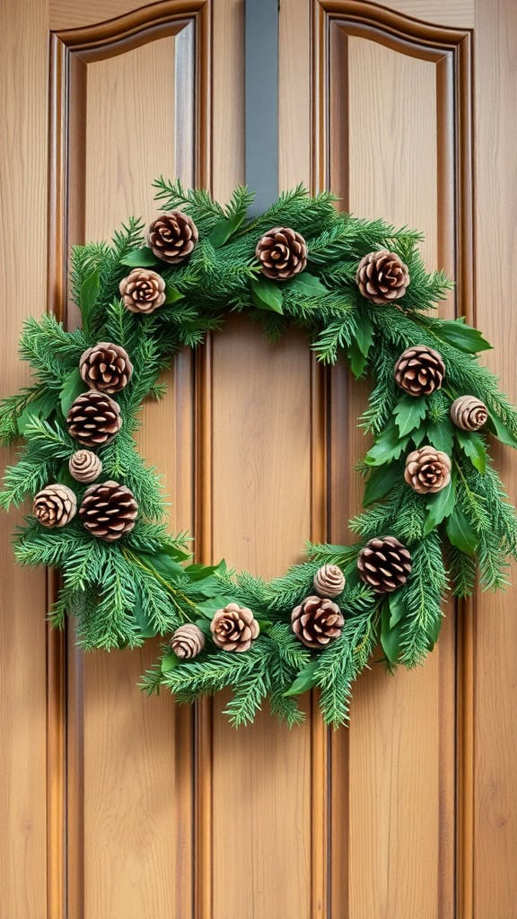 A wreath made of fresh greenery and pinecones hung on a wooden door.