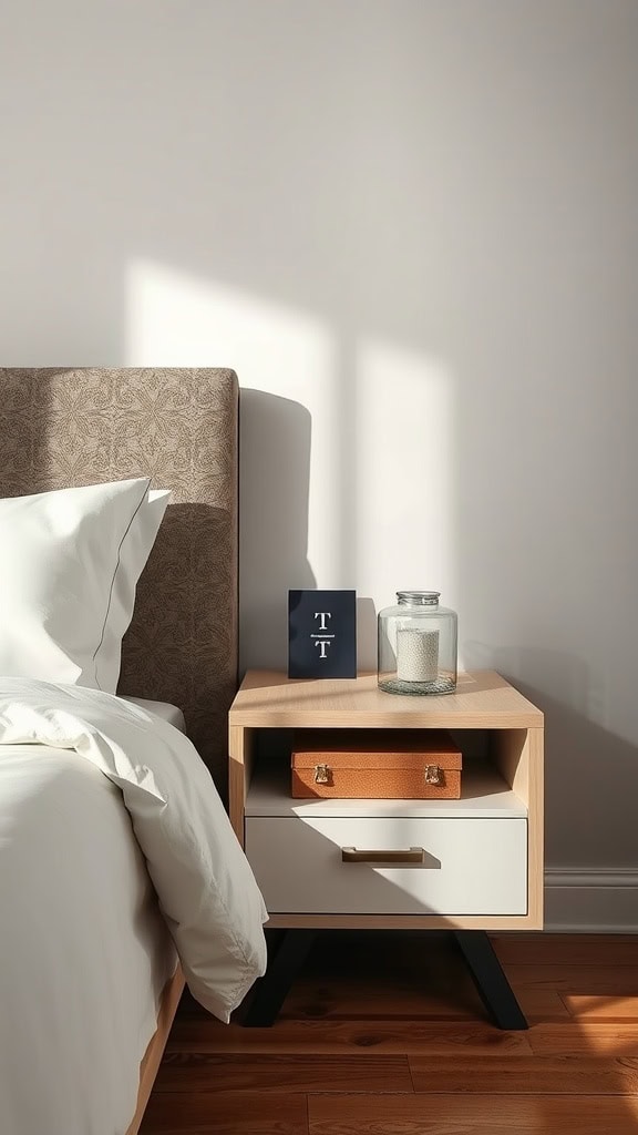 A modern bedside table with a drawer and a decorative glass jar, next to a bed.