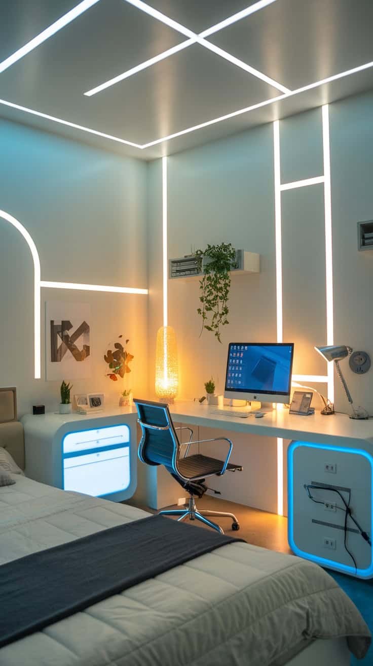 A modern bedroom with LED lighting and a sleek workspace.