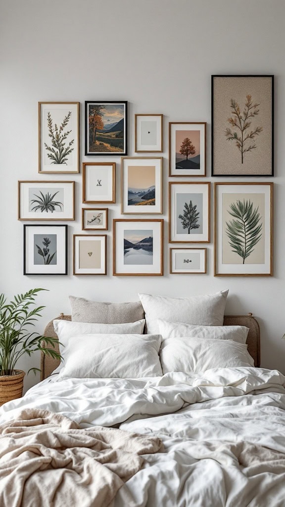 A cozy bedroom with a gallery wall headboard featuring various framed art pieces.