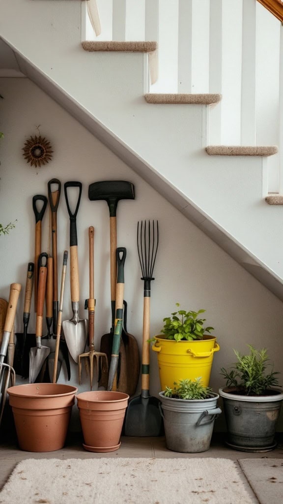 Garden tools and pots neatly arranged under stairs.