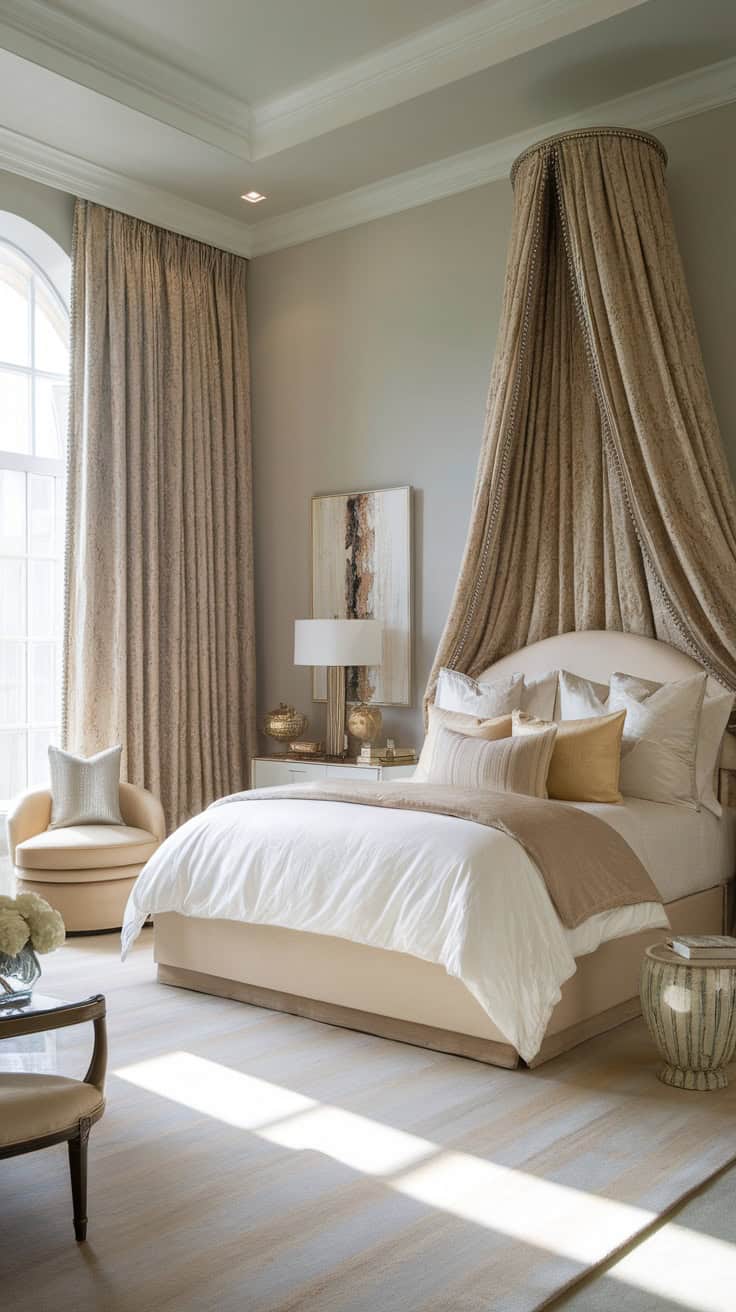 A luxurious teen bedroom with a cozy bed, elegant curtains, and stylish decor.