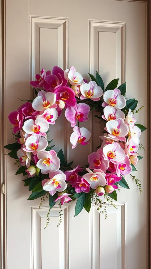 A beautiful wreath made of pink and white orchids hanging on a door.