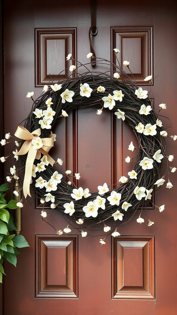 A grapevine wreath adorned with yellow blossoms and a bow, hanging on a wooden door.