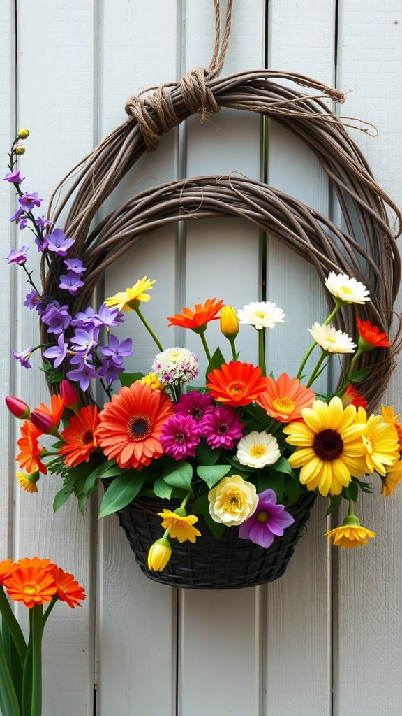 A hanging planter wreath featuring a variety of colorful flowers in a woven basket.