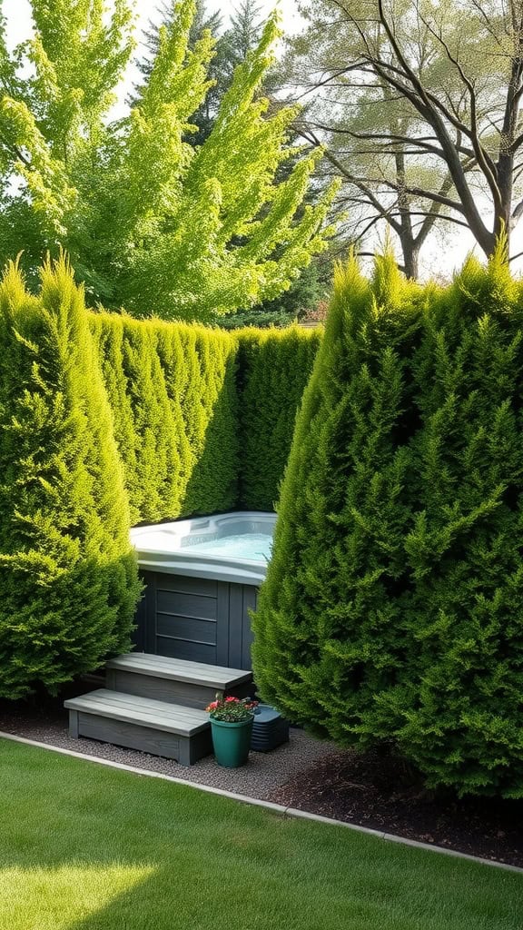 A hot tub surrounded by tall green hedges creating a private space in the backyard.