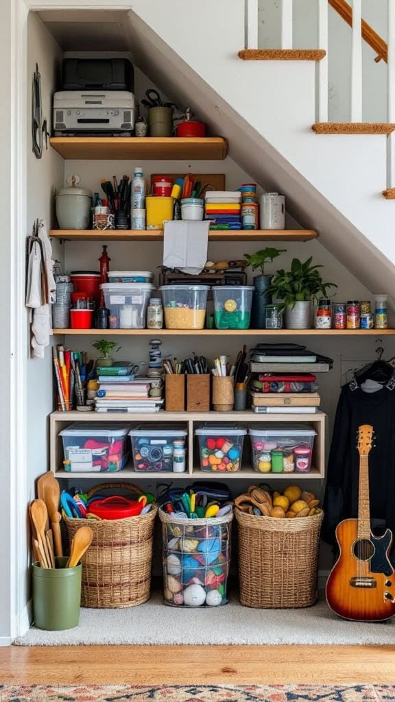 Under-stair storage organizing hobby supplies and equipment