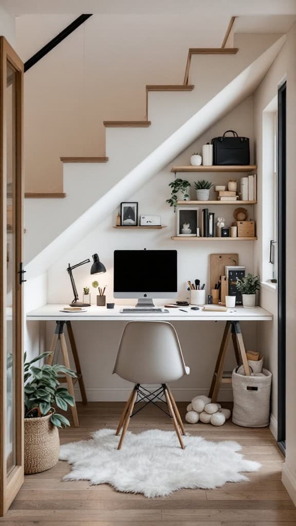 A stylish home office setup located under the stairs with a desk, plants, and decorative shelves.