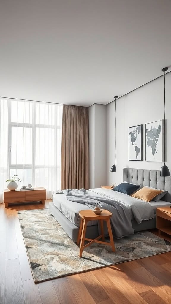 A modern luxury bedroom featuring a low bed, a side table, and large windows with natural light.
