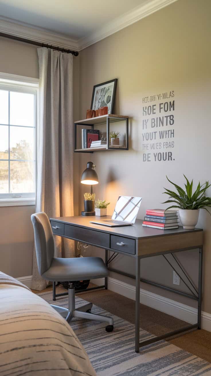 A modern study space with a desk, chair, and decorative items.
