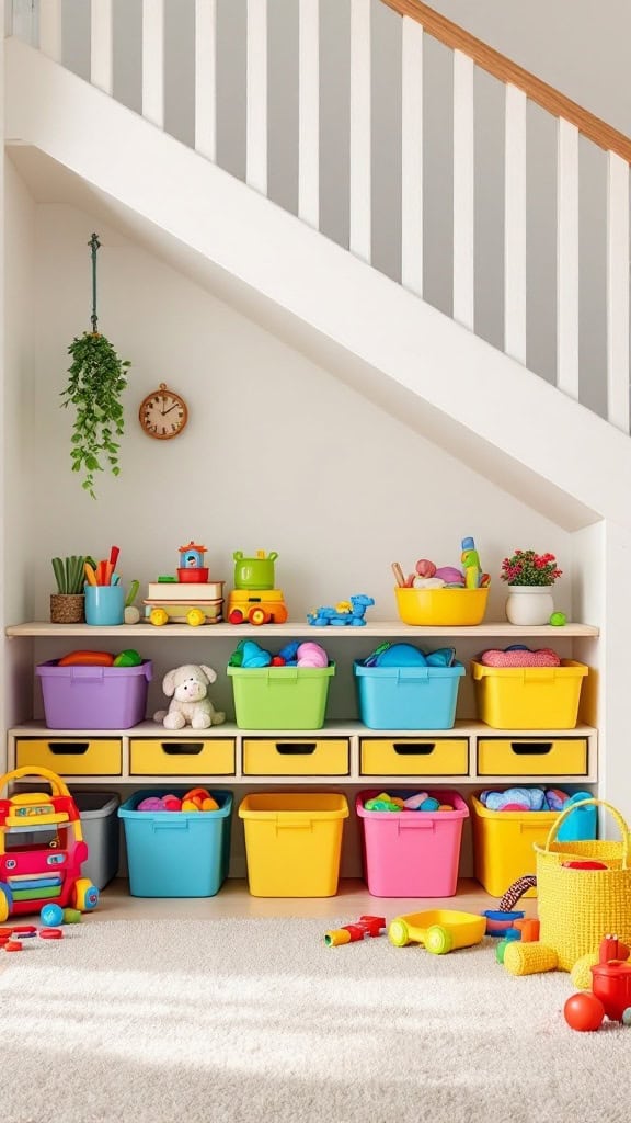A vibrant kids' play area with colorful storage bins under the stairs.