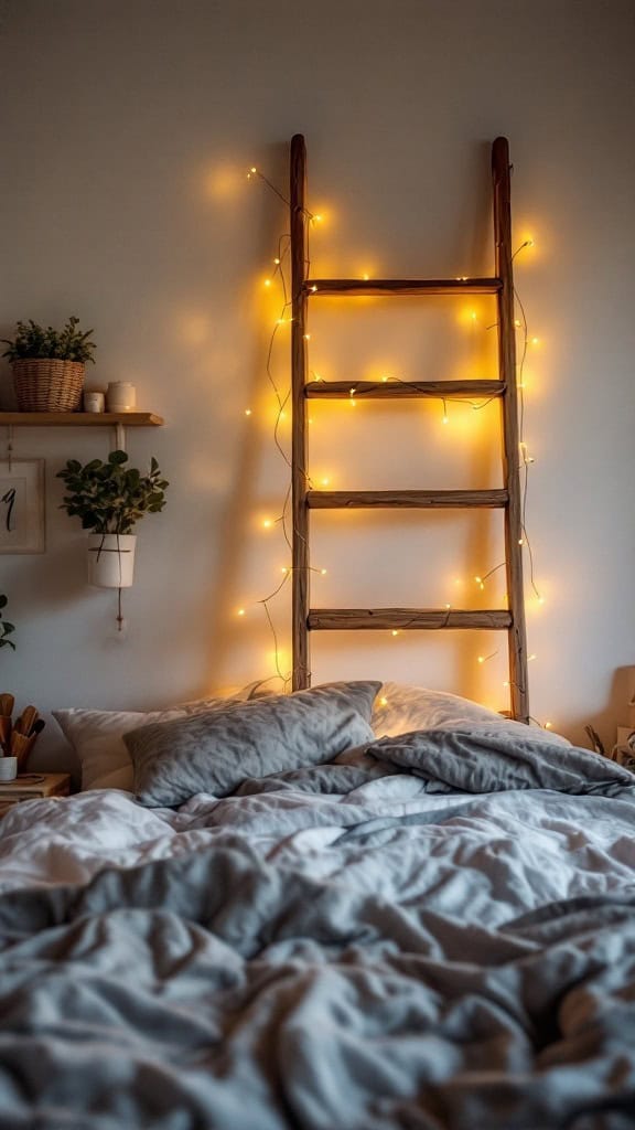 A cozy bedroom featuring a wooden ladder used as a headboard, adorned with warm fairy lights.