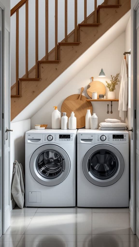 Under-stair laundry station with washing machines and organized cleaning supplies
