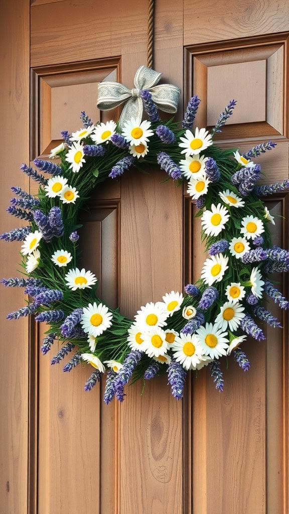 A wreath made of lavender and daisies hanging on a wooden door.