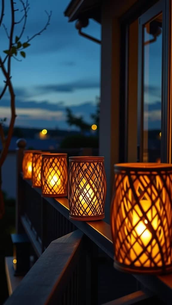 Luminous bamboo lanterns illuminated on a balcony railing during twilight