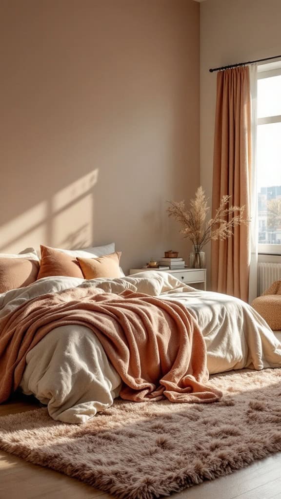 A modern luxury bedroom with layered textures, featuring a soft blanket, pillows, and a plush rug.