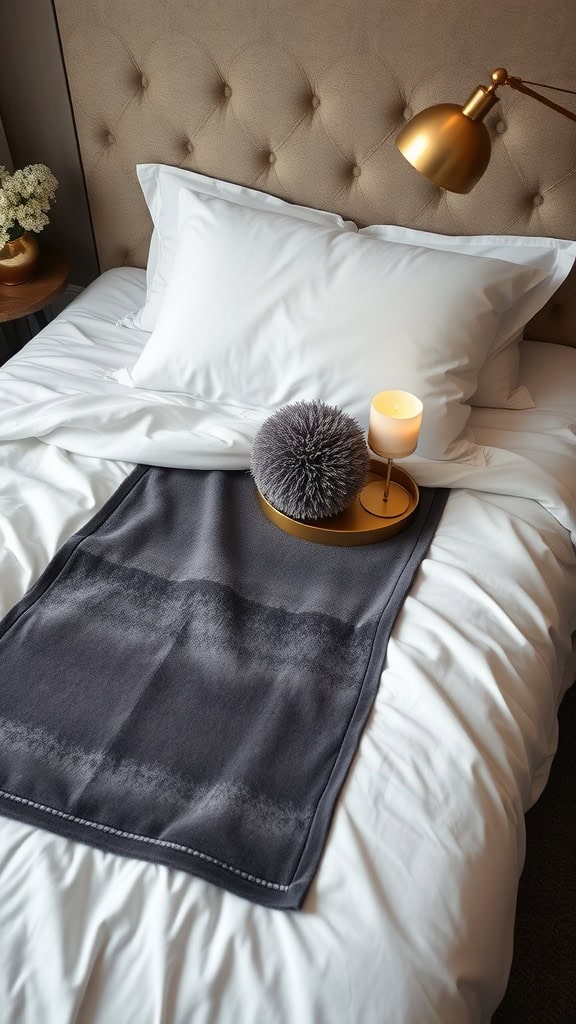 A luxurious bedside table arrangement featuring a velvet throw, gold lamp, and decorative accents.